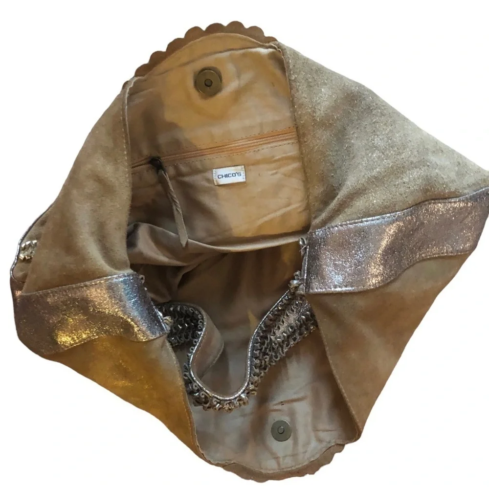 Chico’s Cirque Gold Leather Embellished Hobo Bag Sz. L Unique Braiding 18X12